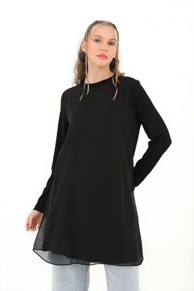 Siyah Uzun Kollu Şifon Dışlı Penye Tesettür Tunik