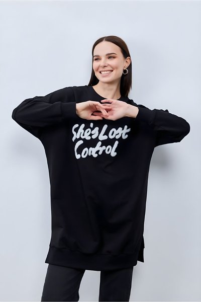 Siyah Yün Görünümlü İp Kumaş Sweatshirt Tunik