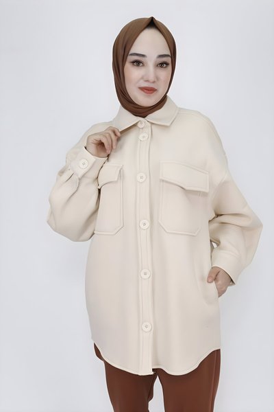 Taş İki İp Kumaş Pamuklu Cepli Tesettür Ceket