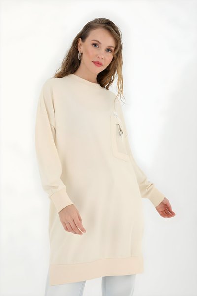 Taş İki İplik Kumaş Cep Yazı Detaylı Tesettür Tunik