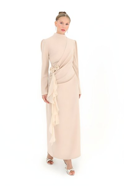 Taş Krep Kumaş Yandan Bağlamalı Tesettür Abiye Elbise