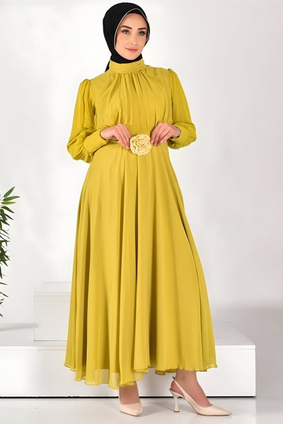 Yağ Yeşili Şifon Pileli Tesettür Elbise