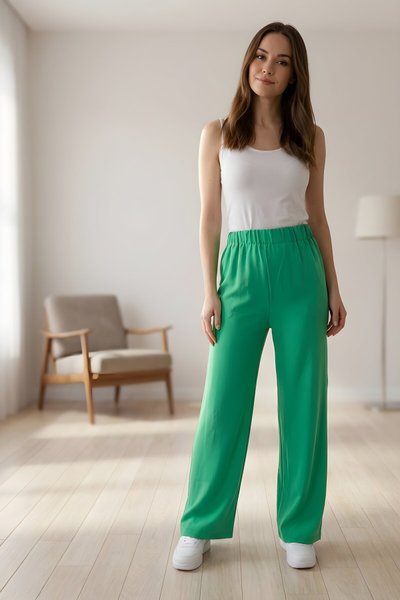Yeşil Geniş Paça Aerobin Kumaş Tesettür Pantolon