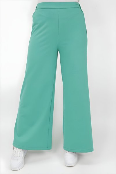 Yeşil Geniş Paça İp Kumaş Tesettür Pantolon