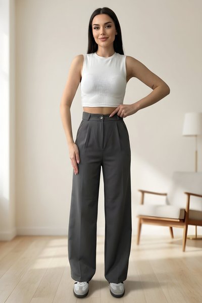 Antrasit Palazzo Dabıl Kumaş Tesettür Pantolon