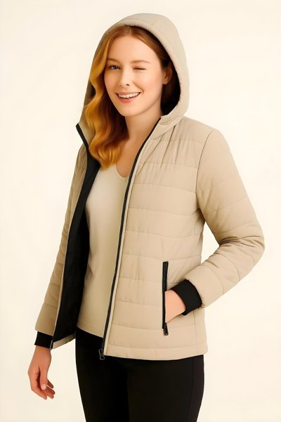 Bej Kapüşonlu Astarlı Tesettür Mont