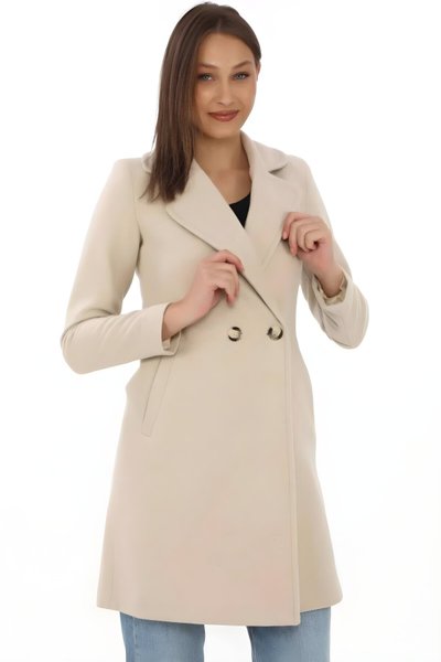 Bej Kaşe Kruvaze Yaka Astarlı Tesettür Kaban