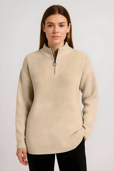 Bej Uzun Kollu Yarım Fermuarlı Triko Kazak