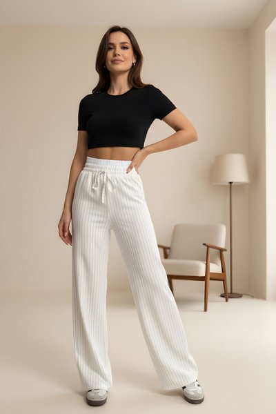 Beyaz Bağcıklı Garnili Palazzo Tesettür Pantolon