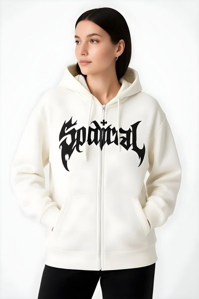 Beyaz Oversize Pamuklu Şardonlu Hoodie Hırka