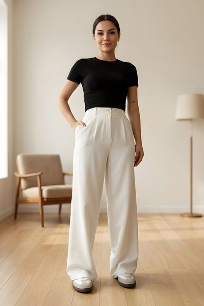 Beyaz Palazzo Dabıl Kumaş Pantolon