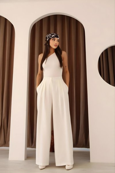 Beyaz Pilili Yüksek Bel Palazzo Bol Paça Tesettür Pantolon