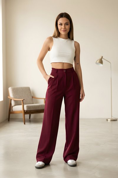 Bordo Arkası Lastikli Dabıl Kumaş Palazzo Tesettür Pantolon