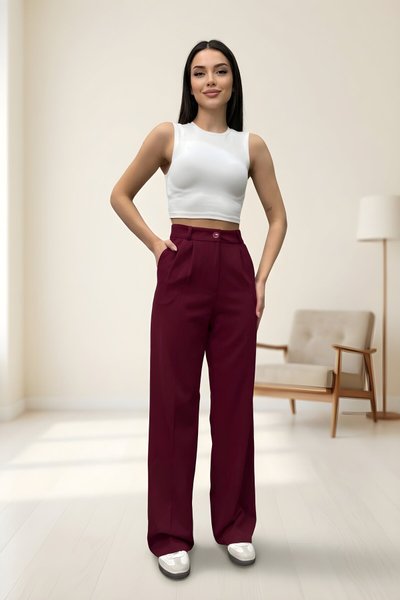 Bordo Palazzo Dabıl Kumaş Tesettür Pantolon