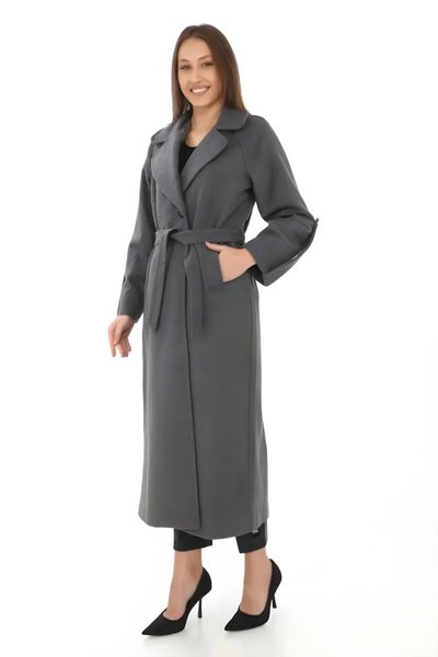 Füme Uzun Kaşe Astarlı Kruvaze Yaka Tesettür Kaban