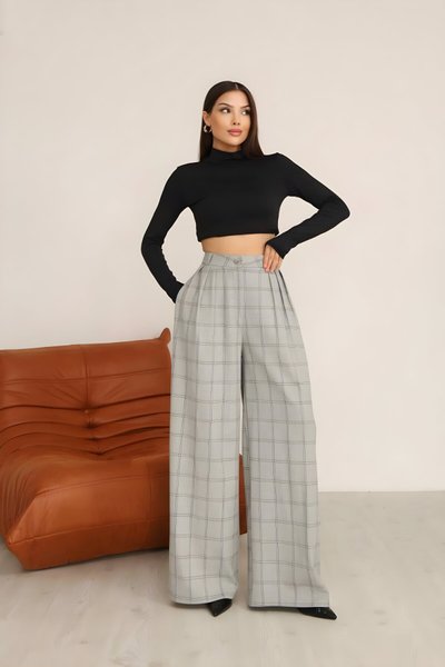 Gri Ekoseli Yüksek Bel Palazzo Tesettür Pantolon