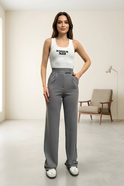 Gri Jakar Palazzo Cırtlı Tesettür Pantolon