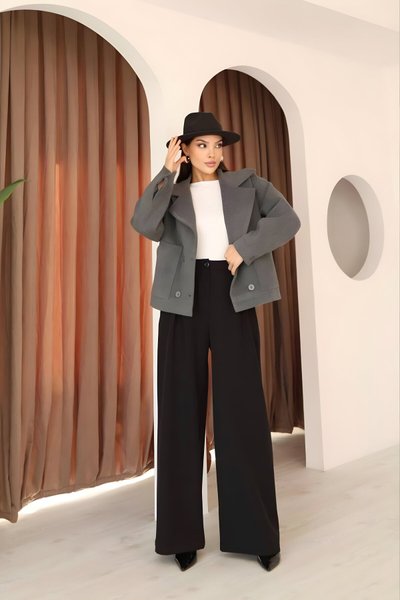 Gri Kısa Kaşe Tesettür Ceket