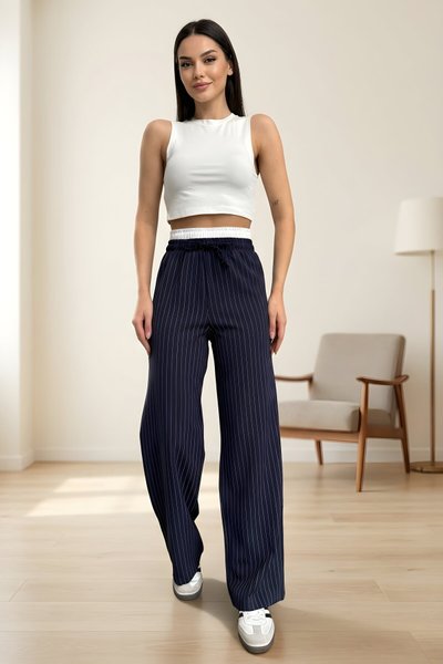 Lacivert Palazzo Garnili Bağcıklı Tesettür Pantolon