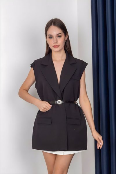 Siyah Blazer Kemerli Şal Yaka Tesettür Yelek