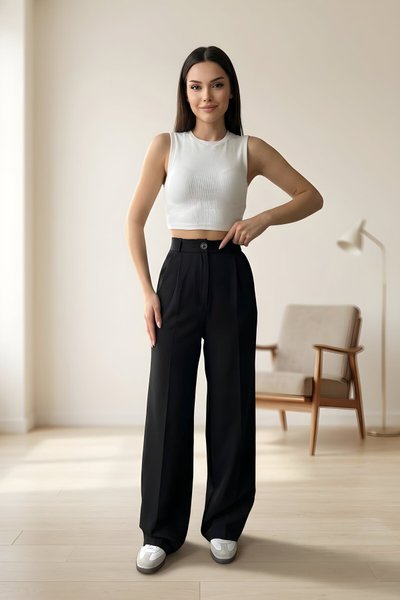 Siyah Palazzo Dabıl Kumaş Tesettür Pantolon