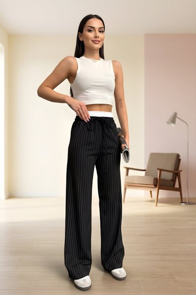 Siyah Palazzo Garnili Bağcıklı Tesettür Pantolon