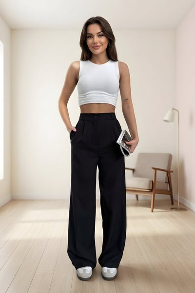 Siyah Yüksek Bel Geniş Paça Palazzo Tesettür Pantolon