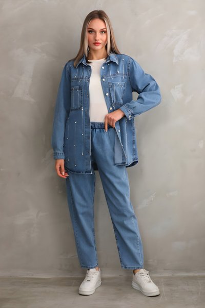 Açık Mavi Yağmut Motif Alt Üst Kot İkili Taş İşlemeli Tesettür Takım