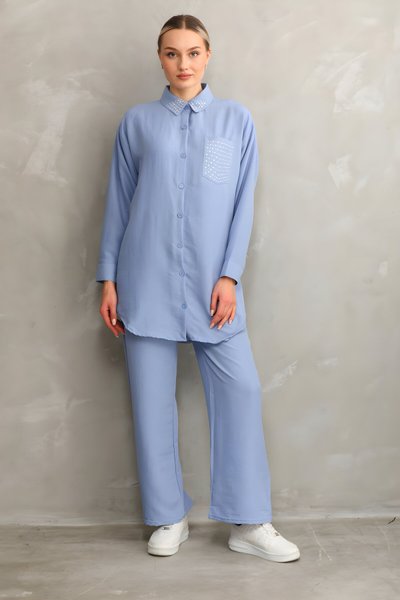 Bebe Mavi Yazlık İkili Taşlı Tunik Pantolon Takım