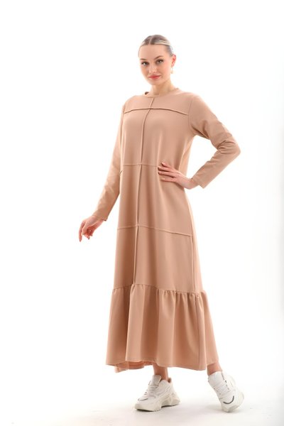 Bej Bloklu Uzun Salaş Fırfırlı Tesettür Elbise