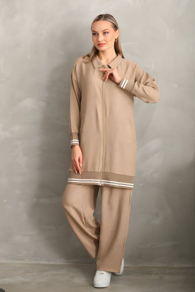 Bej İkili Gömlek Pantolon Takım