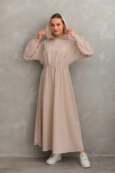 Bej Yazlık Keten Spor Kapüşonlu Belden Büzgülü Cepli Tesettür Elbise