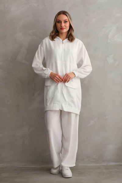 Beyaz Yazlık Keten Alt Üst İkili Tesettür Takım