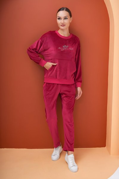 Bordo Baskılı Soft Kadife Tesettür Eşofman Takım