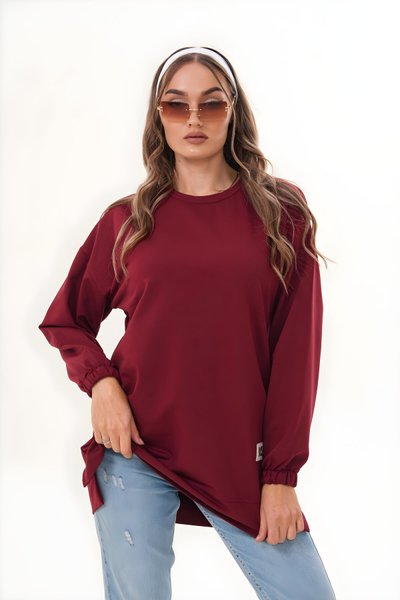 Bordo Düz Uzun Basic Bisiklet Yaka Sweatshirt Tesettür Tunik