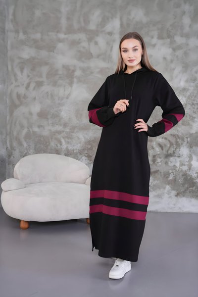 Bordo Şeritli Spor Balon Kol Tesettür Elbise