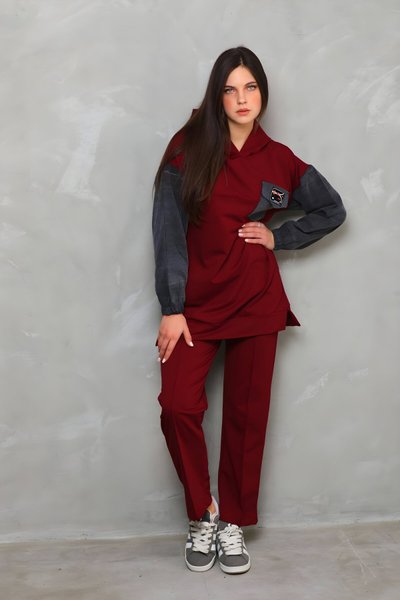 Bordo Spor Kolları Kot Detaylı İkili Takım Tesettür Eşofman