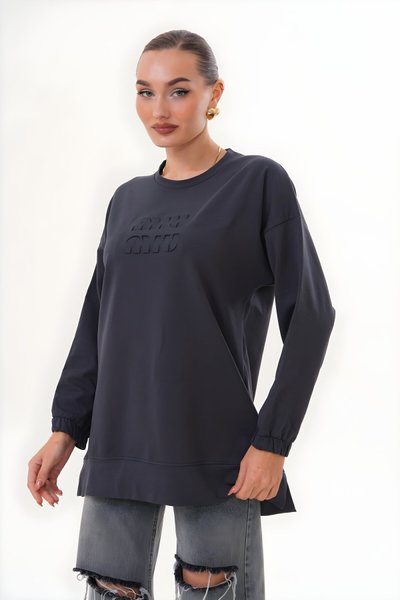 Füme Bisiklet Yaka Miu Kabartma Baskılı Sweatshirt Tunik