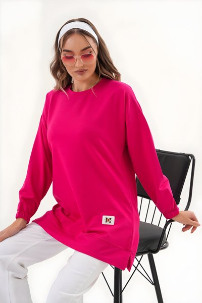 Fuşya Düz Bisiklet Yaka Uzun Kol Basic Sweatshirt Tunik