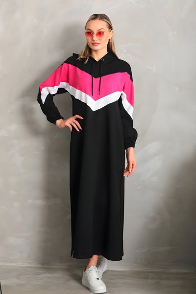 Fuşya V Desen Bloklu Uzun Spor Tesettür Elbise