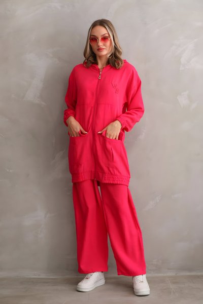 Fuşya Yazlık Keten Tren çkot Pantolon Alt Üst İkili Takım