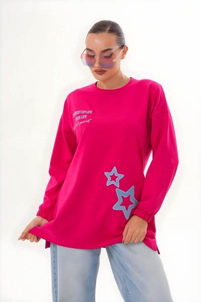Fuşya Yıldız Desenli Bisiklet Yaka Sweatshirt Tunik