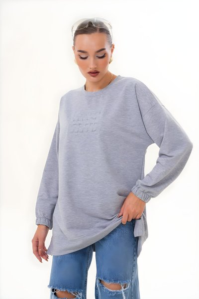 Gri Kabartma Baskılı Bisiklet Yaka Sweatshirt Tunik
