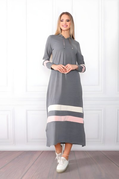 Gri Kapüşonlu Kol ve Etek Şeritli Tesettür Elbise