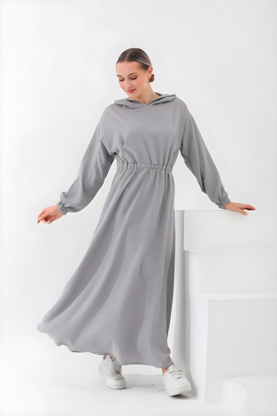 Gri Yazlık Keten Spor Kapüşonlu Belden Büzgülü Cepli Tesettür Elbise