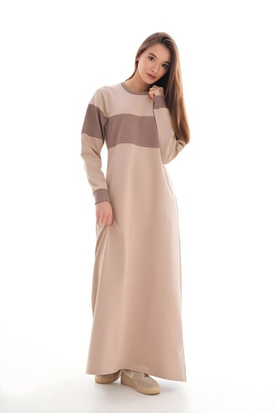 Kahverengi Bloklu Spor Ribana Detaylı Tesettür Elbise