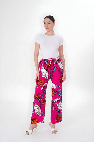 Kırmızı Dijital Baskı Bol Paça Kumaş Pantolon