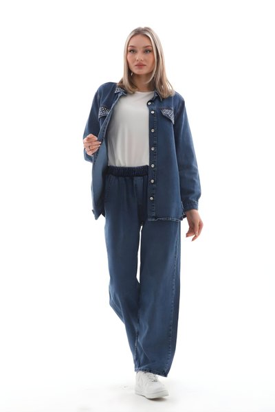 Koyu Mavi Kot Alt Üst İkili Taş İşlemeli Takım