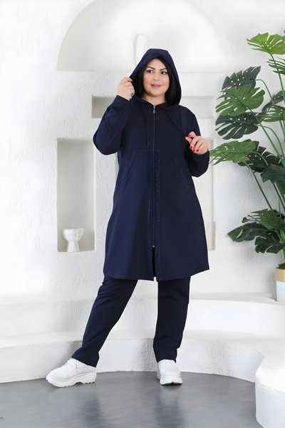 Lacivert Battal Taş Detaylı Fermuarlı Kapüşonlu Tesettür Eşofman