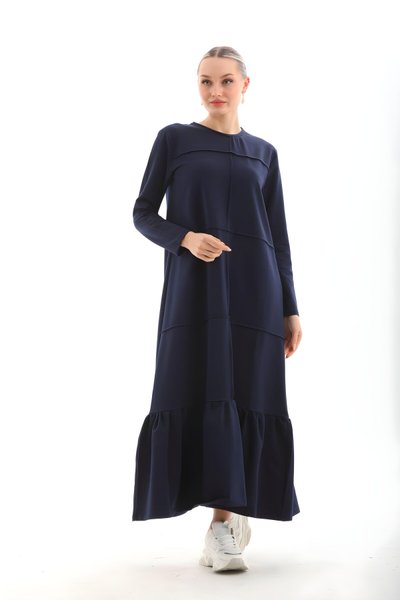 Lacivert Bloklu Uzun Spor Salaş Eteği Fırfırlı Tesettür Elbise